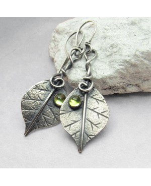 Silver Leaf Green Crystal Earrings - Boho Style Jewelry, with fish hook style earwire