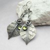 Silver Leaf Green Crystal Earrings - Boho Style Jewelry, with fish hook style earwire