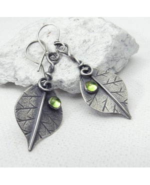 Silver Leaf Green Crystal Earrings - Boho Style Jewelry, with fish hook style earwire