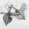 Silver Leaf Green Crystal Earrings - Boho Style Jewelry, with fish hook style earwire
