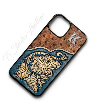 Cognac Ostrich Emu Embossed Leather with Hand Tooled Floral Leather Phone Case