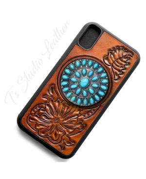 Leather Phone Case with Turquoise Pop Socket Grip