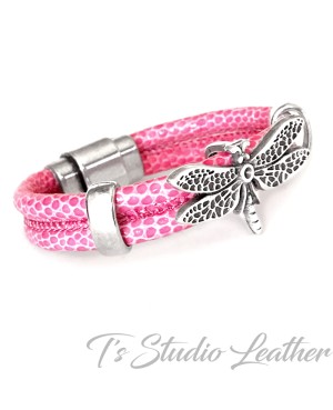 Pink Leather Bracelet with Silver Dragonfly