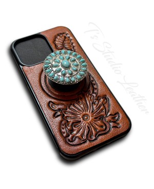 Leather Phone Case with Turquoise Pop Socket Grip