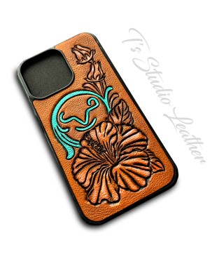 Your Logo or Brand - Tooled Leather Phone Case with hibiscus flower