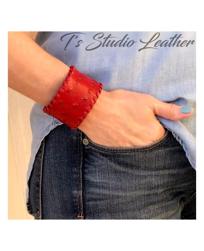 Leather Cuff Bracelet in Off-white Ostrich Print with Whipstitched Edge