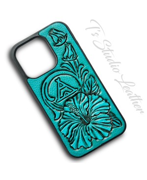 Your Logo or Brand - Tooled Leather Phone Case with hibiscus flower