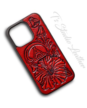 Your Logo or Brand - Tooled Leather Phone Case with hibiscus flower