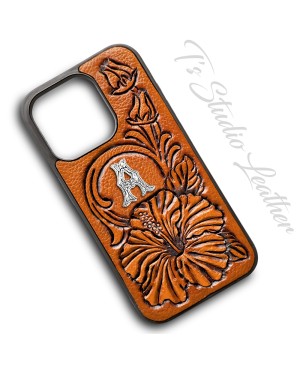 Your Logo or Brand - Tooled Leather Phone Case with hibiscus flower