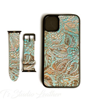 Western Style Copper and Turquoise Leather Phone Case with matching Apple Watch band