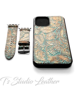 Western Turquoise and Copper Leather Phone Case in floral pattern by Ts Studio Leather
