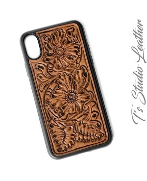 Western Style Hand Tooled Leather Phone Case by Ts Studio Leather