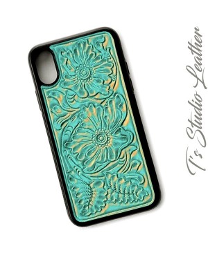 Western Style Hand Tooled Turquoise Leather Phone Case by Ts Studio Leather