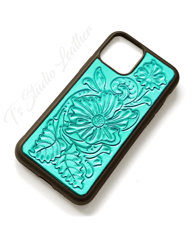 Western Style Hand Tooled Turquoise Leather Phone Case by Ts Studio Leather