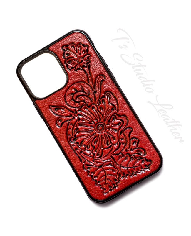 Western Style Hand Tooled Red Leather Phone Case by Ts Studio Leather