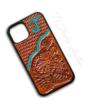 Hand Tooled Leather iPhone Case - Western Style basketweave and floral case for iPhone or Samsung