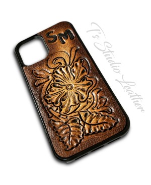 Western Style Hand Tooled Leather Phone Case by Ts Studio Leather