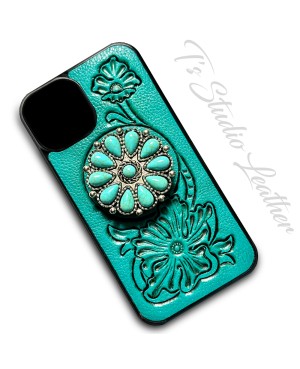 Leather Phone Case with Turquoise Pop Socket Grip