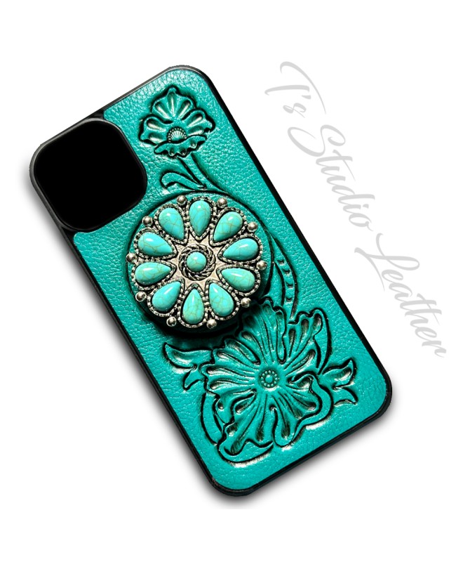 Leather Phone Case with Turquoise Pop Socket Grip Leather Phone Case with Turquoise Pop Socket Grip