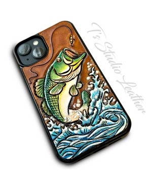 Largemouth Bass Fish Hand Tooled Leather Phone Case