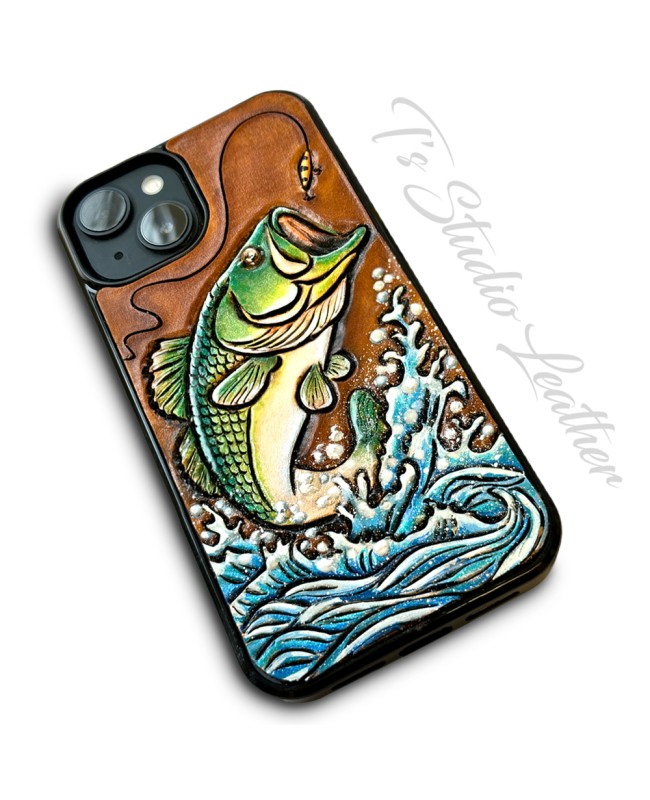 Largemouth Bass Fish Hand Tooled Leather Phone Case