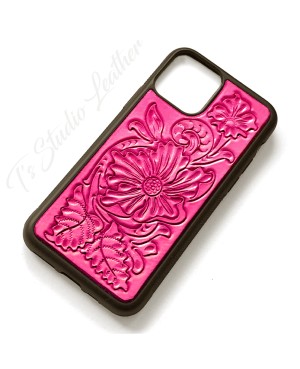 Pink Western Style Hand Tooled Leather Phone Case by Ts Studio Leather