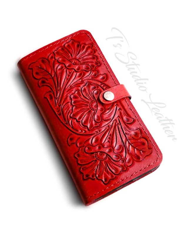 Red Hand Tooled Leather Phone Case - Western Style floral folio wallet style case