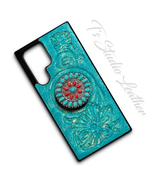 Distressed Turquoise Leather Phone Case with Phone Grip