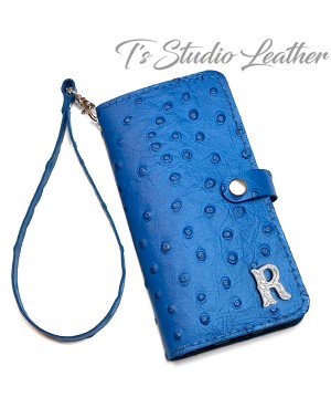 Blue Ostrich Personalized Leather Wallet Phone Case