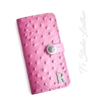 Pink Ostrich Personalized Leather Wallet Phone Case