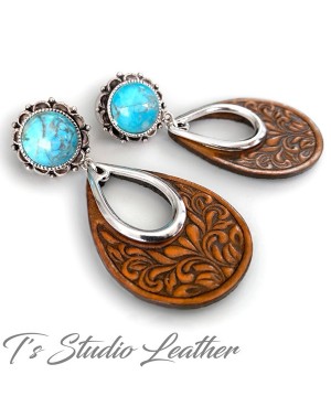 Brown Tooled Leather Hoop Earrings with Turquoise and Silver Accents - Floral Motif Boho Jewelry