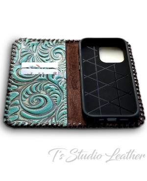 Turquoise and Brown Leather Wallet Style Phone Case