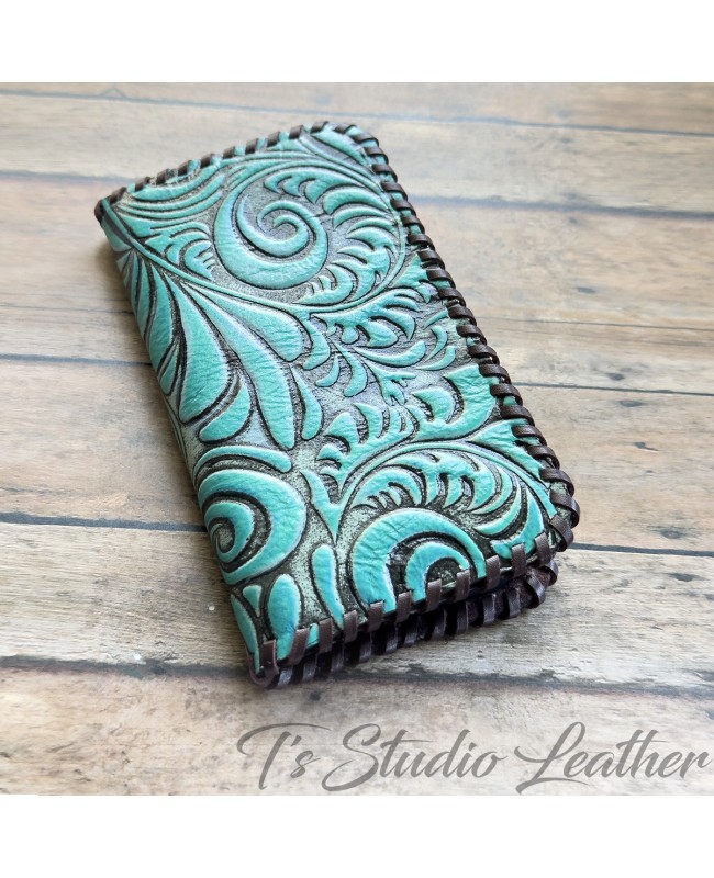 Turquoise and Brown Leather Wallet Style Phone Case
