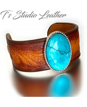 Brown Tooled Leather Hoop Earrings with Turquoise and Silver Accents - Floral Motif Boho Jewelry