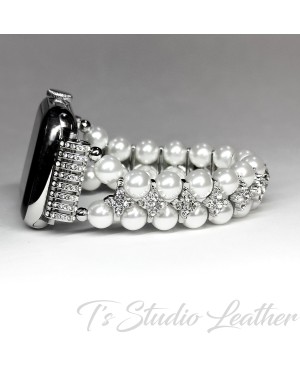 Pearl and Cubic Zirconia Crystal Rhinestone Apple Watch Band Bracelet - Pearl Jewelry Watch Strap