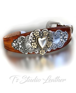 Brown Genuine Cowhide Leather Cuff Bracelet Wristband with Silver Heart Concho and Western Buckle Boho Chic Style Jewelry