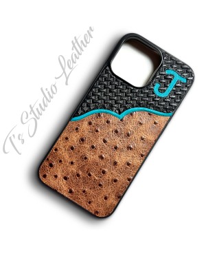 Personalized with Initials or Brand Hand Tooled with Ostrich Leather Phone Case