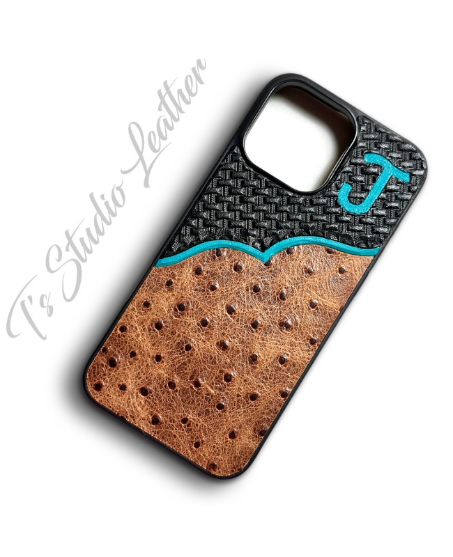 Personalized with Initials or Brand Hand Tooled with Ostrich Leather Phone Case