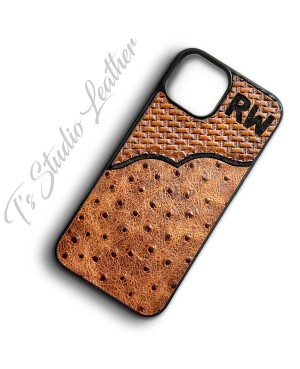 Personalized with Initials or Brand Hand Tooled with Ostrich Leather Phone Case