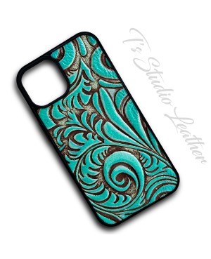 Turquoise and Dark Brown Embossed Leather Phone Case - Western Style Floral Snap-on Style Case