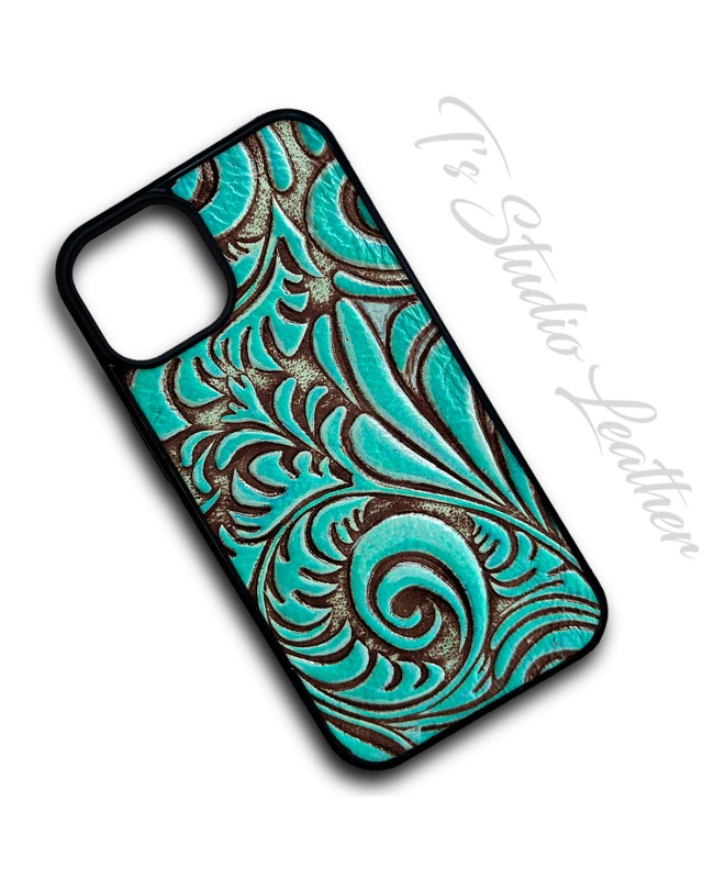 Turquoise and Dark Brown Embossed Leather Phone Case - Western Style Floral Snap-on Style Case