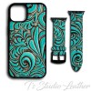 Turquoise and Dark Brown Floral Genuine Leather Apple Watch Band Strap