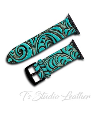 Turquoise and Brown Genuine Leather Phone Case with Apple Watch band