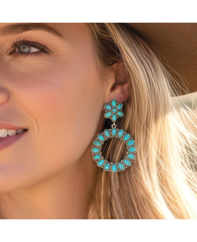 Turquoise and Silver Hoop Concho Circle Earrings - Lightweight Western Style Jewelry