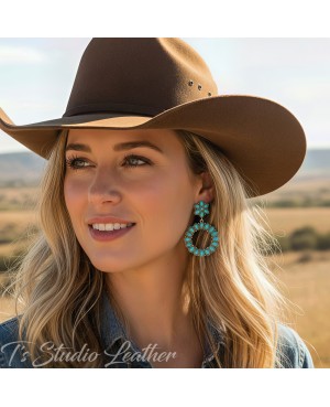 Turquoise and Silver Hoop Concho Circle Earrings - Lightweight Western Style Jewelry