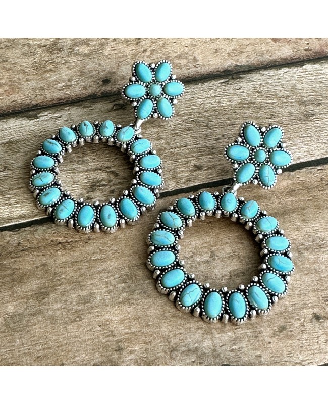 Turquoise and Silver Hoop Concho Circle Earrings - Lightweight Western Style Jewelry Turquoise and Silver Hoop Concho Circle Earrings - Lightweight Western Style Jewelry
