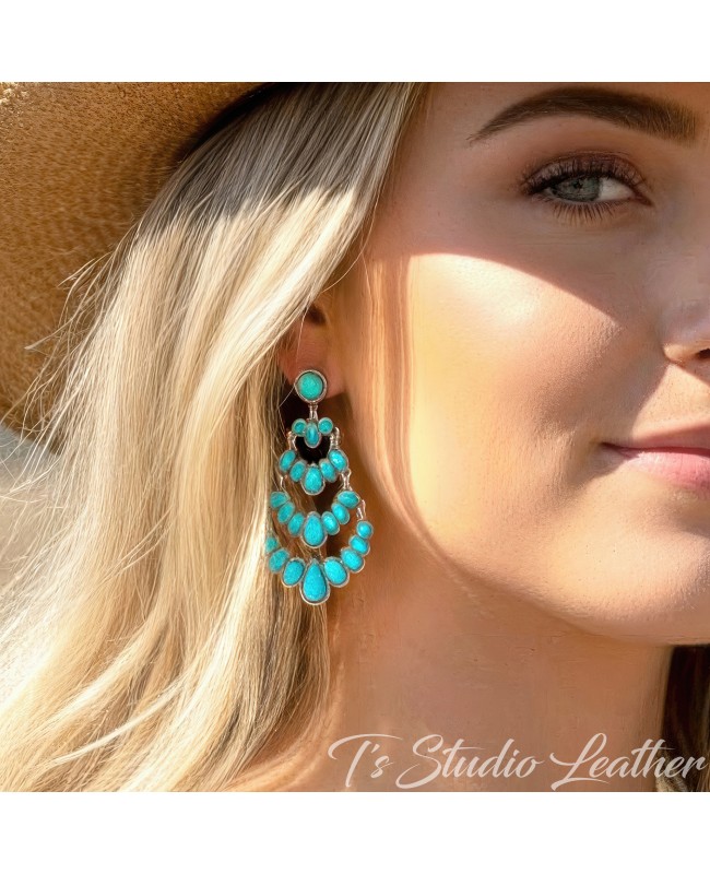 Chandelier Western Style Turquoise Stone Earrings Antique Silver Chandelier Western Style Turquoise Stone Earrings Antique Silver