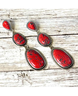 Long Western Style Red Stone Earrings in Antique Silver Settings