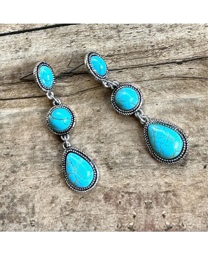 Turquoise Earrings Stone Drop Western Style in Antique Silver Setting
