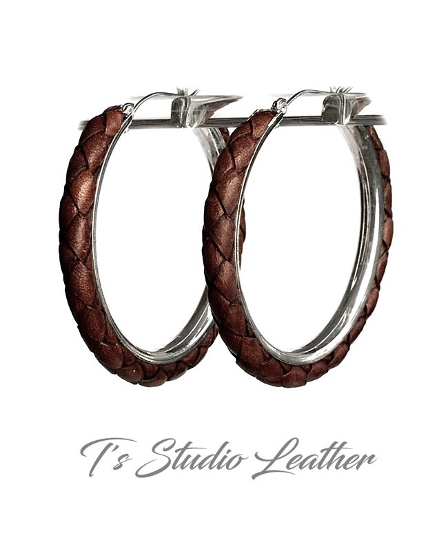 Whiskey Brown Braided Leather Earrings on Silver Hoops